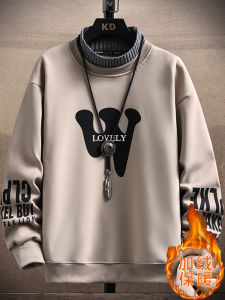 Mens Faux Two-Piece Hoodie Sweatshirt Thickened Fleece Half High Collar Autumn Winter Warm Inner Wear Korean Style Trendy Base Shirt