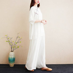 ชุดโยคะผ้าลินินคอตตอนหลวมสำหรับผู้หญิง ชุดเต้นรำสีขาว ชุดโยคะฤดูร้อน ชุดผู้หญิง ชุดจักรพรรดิ์โบราณ ชุดสมาธิ