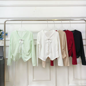 Spring 2025 Womens Sweet V-Neck Butterfly Knot Hollow Single Button Pleated Waist Cinch Split Shirt Top Korean Style Slim Fit