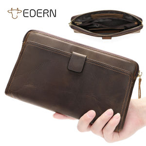 EDERN Retro Genuine Leather Mens Wallet Business Clutch Bag Long Purse Zipper Wallet Large Capacity Cowhide Phone Wallets for Men