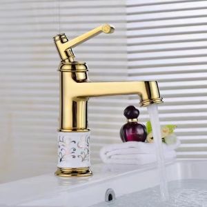High Basin Faucet Gold Ceramic Decorative Pattern Bathroom Basin Faucet Hot and Cold Dual Use