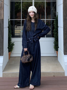 Loose Fit Denim Set Womens Autumn New Style Wide Leg Pants Two Piece Suit Pastel Blue Gored Skirt Casual Fashion Outfit