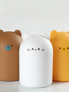 Mini Bear Desktop Trash Can Children Students Storage Bucket Living Room Bedroom Creative Trash Bin round Shape Plastic Material