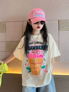 Girls Cotton T-Shirt Short Sleeve Childrens Summer Clothing Design Sense Minor Crowd Cartoon Print Loose Fit round Neck
