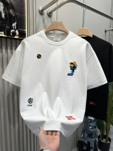 เสื้อยืดคอกลมแขนสั้นผู้ชาย ทรงหลวม ผ้าฝ้ายผสมโพลีเอสเตอร์ ลายดอกไม้ปัก ทรงเข้ารูป แฟชั่นสำหรับวัยรุ่น ฤดูร้อน 2024