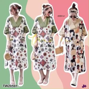 B20591 เดรสคอวี พิมพ์ลายกราฟฟิก V-neck dress with graphic print.