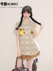 Áo Thun Nữ Tay Ngắn Họa Tiết Gấu Màu Khối Thêu Phong Cách Mỹ Rộng Rãi Mùa Hè Cổ Polo Thường Ngày