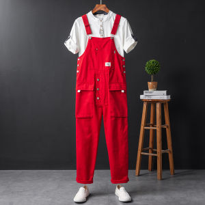 Hip Hop Bright Red Jumpsuit Men and Women Straight-leg Loose Cargo Casual Suspender Trousers Couple Suspenders Housekeeping Customization