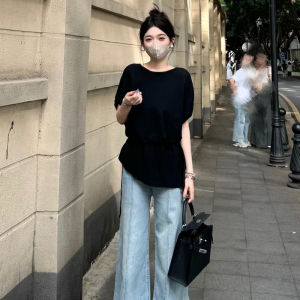 YUEZHONGWEI | Slimming Ice Silk Knitted Short Sleeve Round Neck Top Half Sleeve Design Sensation Summer Fashion Korean Style Loose Fit Womens Top