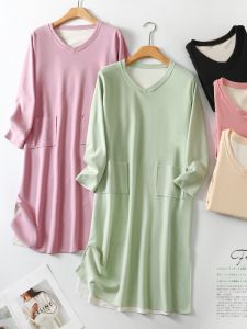 Thickened Fluffy V-neck Long Sleeve Womens Dress Cozy Cotton Pajama Gown Mid-length Autumn Winter Sleepwear Home Clothes