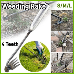 Weeding Uprooting Tool 4 Teeth Dual Purpose Steel Forged Weed Puller Hand Remover Tool for Garden