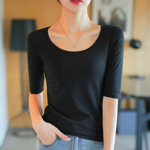 เสื้อยืดคอกลมแขนสั้นทรงสลิมฟิตผ้าฝ้ายแท้สีดำสำหรับผู้หญิง เสื้อชั้นในลำลอง แขนยาวปานกลาง ฤดูใบไม้ผลิ ฤดูใบไม้ร่วง ฤดูร้อน