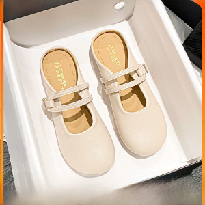 Womens Summer Outdoor Wear Miva Brand Korean Style Flat Heel Sandals Half Slip on Slippers Large Size 41 to 43 Ultrafiber Leather