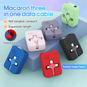 Macaron Retractable 3 in 1 Fast Charging Cable with Phone Holder for iPhone Type-C Micro-USB Multi Charging Cord Organizer Set with Phone Stand