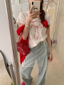 เสื้อยืดแขนสั้นผู้หญิงพิมพ์ลายโบว์ผีเสื้อ ทรงหลวม ทรงเข้ารูป แขนยาวสามส่วน คอตั้ง เสื้อผ้าทำงานสไตล์เกาหลี