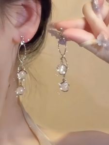 Chilled Autumn Long Tassel 925 Silver Earrings Cats Eye Stone Cold Sensation No Piercing Mosquito Coil Ear Clip Fashion Jewelry