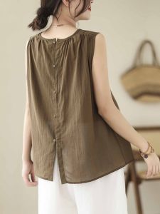 Lightweight Solid Color Summer Vest Womens Fashion round Neck Sleeveless Top Large Size Back Design Single Button Trendy