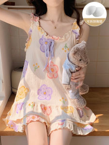 Sweet Style Womens Summer Thin Strap Sleepwear Set with Chest Pad Home Clothes Two-Piece Sleeveless Comfortable Cotton Blend