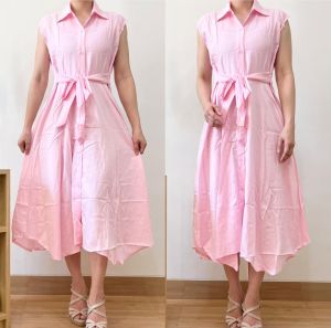 ●ECLAIRE● 0IS Dress Midi Asymmetric Kerah Kemeja Sleveless Tidak Berlengan Polos Basic Kasual Santai Korea 2691215