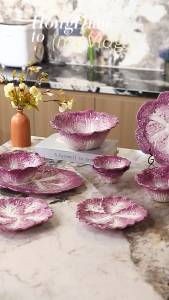 HongDian Ceramic cutlery Purple Cabbage bowl Hand-painted vegetable salad dessert plate Kitchen dinner plate / Kutleri seramik mangkuk kubis ungu lukisan tangan salad sayur pinggan pencuci mulut pinggan makan dapur