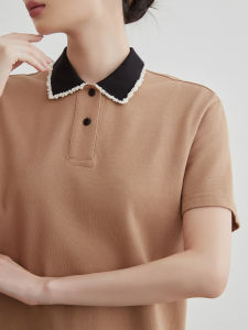 Patchwork Polo Collar Short Sleeve Fitted Shirt for Women