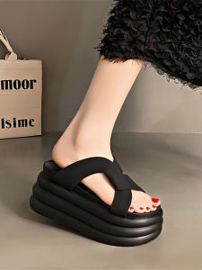 Elevated Summer Thick Heel Sandals Women Outdoor Wear Beach Slippers Korean Style High Heel Daily Use PU Material