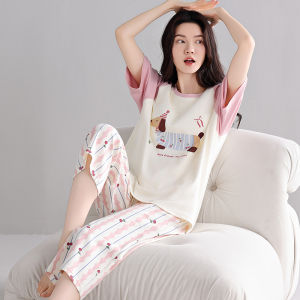Miiow | Pure Cotton Short Sleeve Sleepwear Set With Chest Pad Womens Summer New Style Outwear Home Clothes Seven-Foot Pants