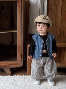 Cute Baby Boy Denim Vest Outfit Set Trendy Streetwear Three-piece Suit Autumn Clothes Cotton Polyester Blend Child Size