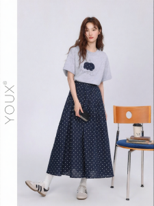YOUXIANG | Chân Váy Chấm Bi Dập Ly Cao Waist A Line