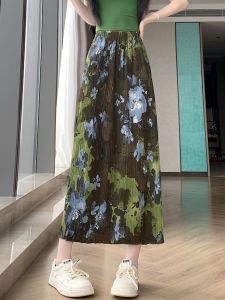 Vintage Print Skirt Summer Plus Size Slimming High Waist Stretch Back Slit