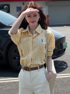 Áo Sơ Mi Nữ Họa Tiết Sọc Thêu Ngựa Màu Vàng Thời Trang Xuân Hè Dáng Rộng Cổ Polo Tay Dài Thường Ngày Chất Liệu Khác