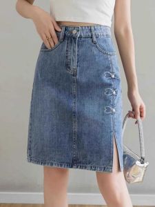 High Waist A-Line Mini Skirt Womens Summer Denim Skirt Slimming Split Half Body Skirt Thin Korean Style Commute Skirt