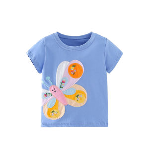 Jumping Meters 2-7T Girls T Shirts Summer Childrens Clothing Short Sleeve Kids Tees Tops Baby Butterfly Applique Shirts