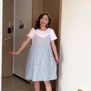 ชุดคลุมท้อง ใหม่ ชุดคลุมท้อง สีแดง ฤดูร้อน ปลอม ชุดสองชิ้น เย็บ แขนสั้น กลาง ยาว หลวม กระโปรงหวาน