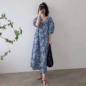 Elegant Long Summer Dress Womens Korean Style French Loose Fitting Meat Covering High Slimming Princess Style Bubble Sleeve