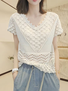 Shalldoer | Heavyweight Design Knitted Short Sleeve V-Neck Womens Top Bead Hook Flower Hollow Out Fashionable Anti-Aging Summer Shirt