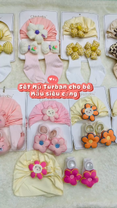 Sét mũ Turban và tất dài cho bé gái sơ sinh nhiều họa tiết hình dể thương phù hợp mặc đầy tháng thôi nôi cực xinh cho bé 0-18 tháng