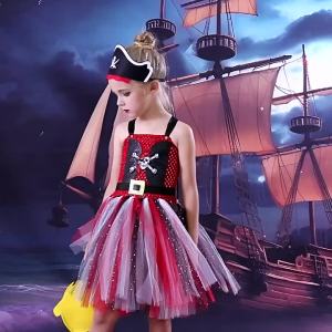 ali9 Halloween Girl Skull tutu Skirt Children Masquerade cosplay Caribbean Pirate Princess Dress