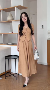 Set bộ áo cổ V gài nút quần ống rộng giả váy lưng thun có túi - GR0358 (HÌNH THẬT SHOP CHỤP VÀ QUAY VIDEO)