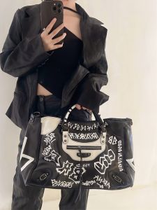 2024 Punk Rivet Travel Fitness Bag Commuter Tote Motorcycle Graffiti Bag Womens Fashion Trend Shoulder Bag PU Leather