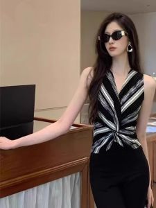 Slim Fit Striped V-Neck Sleeveless Womens Top Knot Tie Neckline Summer Fashion Trendy Wrap Waist Design Casual Outfit