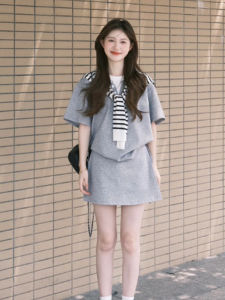 YUEZHONGWEI | 2025 Summer Outfit Trendy Sporty Casual Two-Piece Set Half Skirt Youthful Elegant Womens Clothing Short Sleeve Round Neck