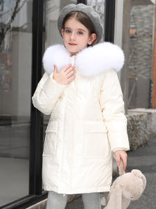 เสื้อขนเป็ดเด็กผู้หญิงโละสต็อคเปลี่ยนฤดูชุดเด็กวัยกลางและวัยโตเด็กแบบยาวปานกลางเสื้อโค้ทชุดฤดูหนาวสไตล์ฝรั่งแนวเกาหลีเพิ่มความหนาของแท้