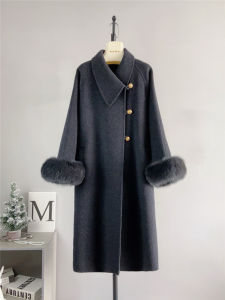 Pure Wool Double-Sided Trench Coat with Golden Knot Button Long Sleeve Natural Fox Fur Cuff Autumn Winter New Style Warmth