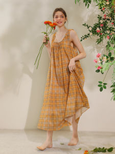 XEXZ | XEXZ Womens Summer Nightgown Pure Cotton Gingham Print Chemise Sleepwear Round Neck Long Skirt Sleeveless Youth Fashion