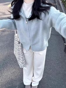 Blue Hooded Zipper Soft Glutinous Knitting Sweater Outwear Cardigan Womens Spring Autumn Winter Korean Style Idle Style Slim Looking Wear