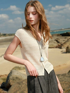 Áo Len Dệt Kim Cổ Chữ V Hở Lưng Một Nút Tay Ngắn Màu Trơn Thời Trang Mùa Hè Thiết Kế Kiểu Pháp Cho Nữ