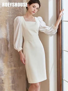 Đầm Công Sở Dáng Ôm Tay Phồng Thanh Lịch - 2 Màu Trắng Kem & Xám