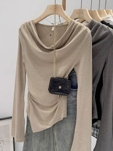 Elegant French Style Ruffled Asymmetrical Long Sleeve T-Shirt