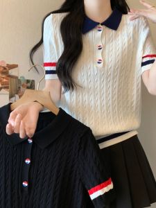 Summer 2024 Womens Knitted Short Sleeve Polo Neck Top Button Design Slimming Fashionable Large Size T-Shirt Korean Style